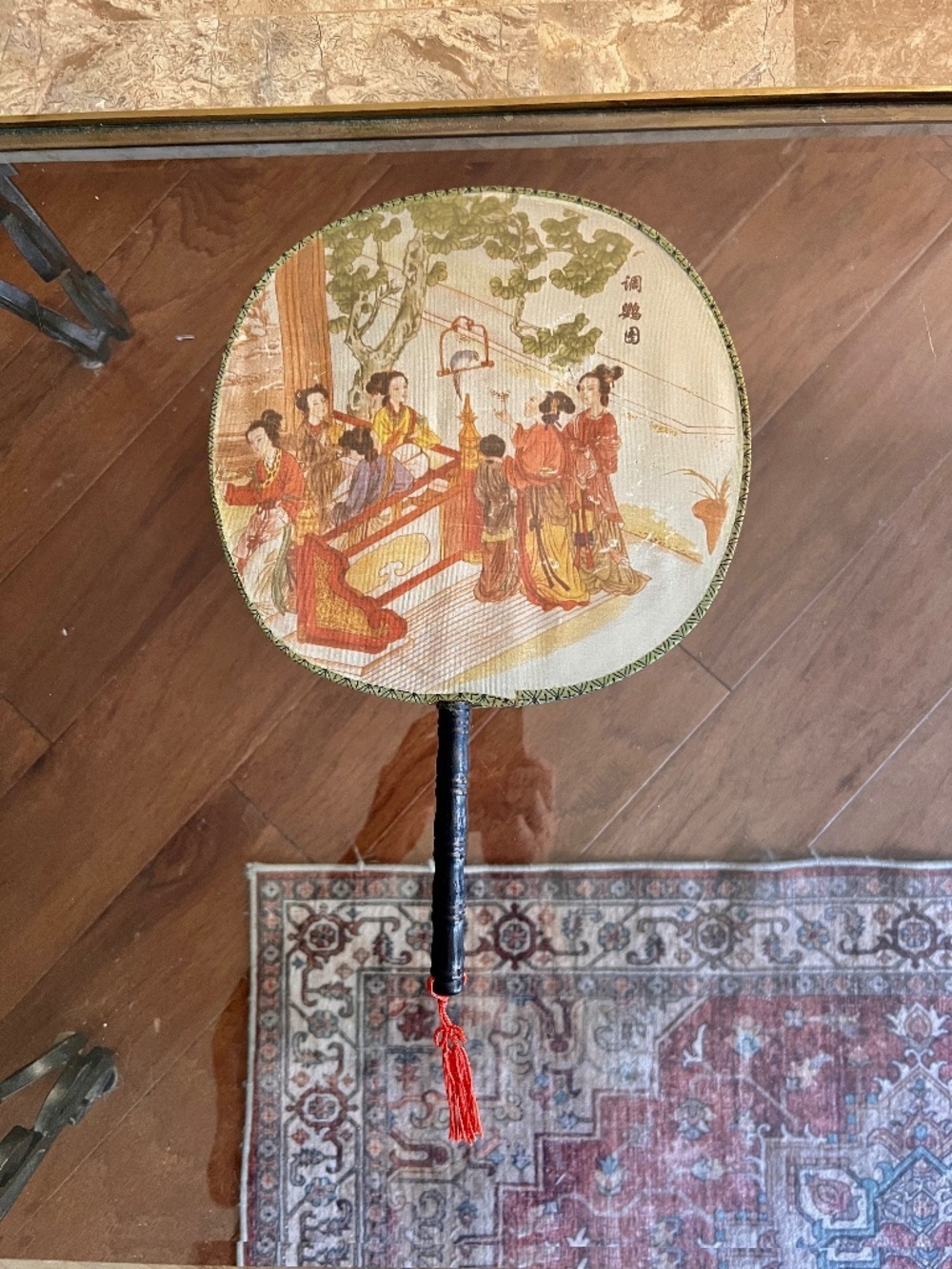 Silk Chinese Hand Fan Wooden Carved Handle With Red Tassel Scene Ladies w/Parrot